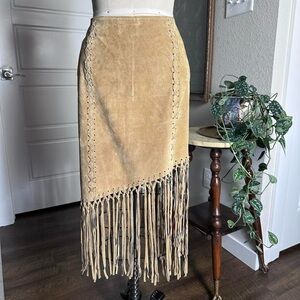 Vintage 90s/2000s brown tan fringe genuine suede leather Wet Seal skirt Size 3